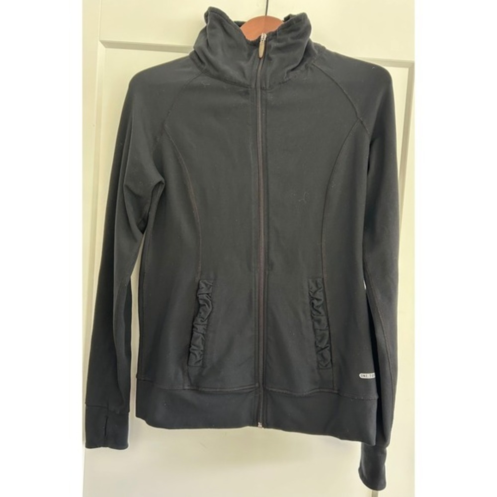 Black One Tooth Full Zip Athletic Jacket‎ Ruffle Pockets Activewear